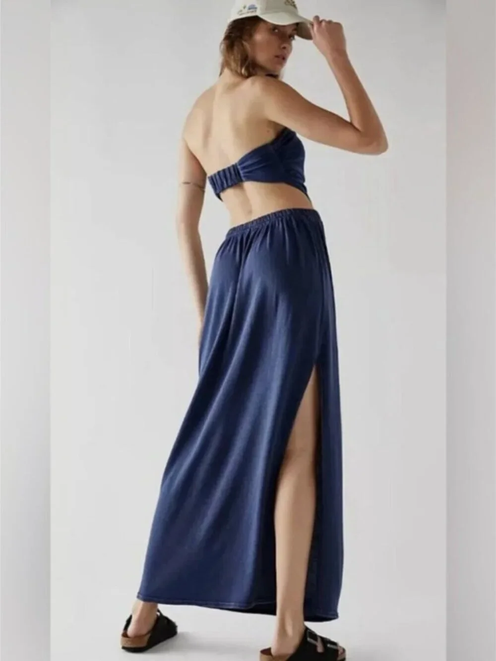 Free People Trangelica Strapless Maxi Dress in Navy Blue Open Back Size Small